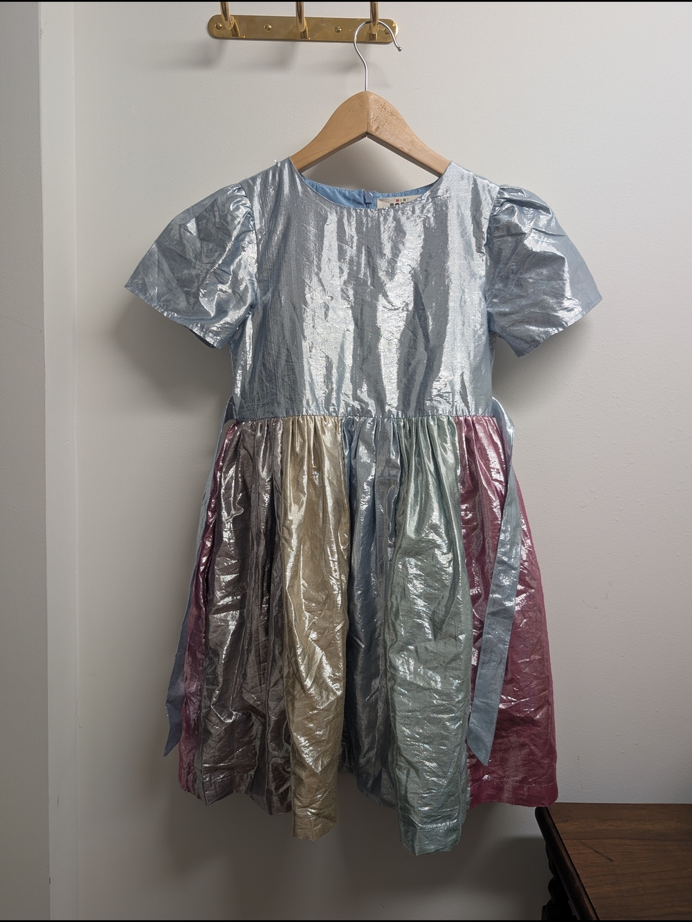Boden Girls Metallic Blue Dress with Multi-Color Logo Accents